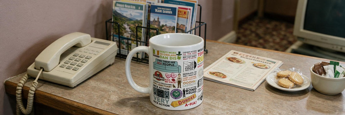 Alan Partridge Quotes Mug on the reception desk of a drab British roadside travel hotel