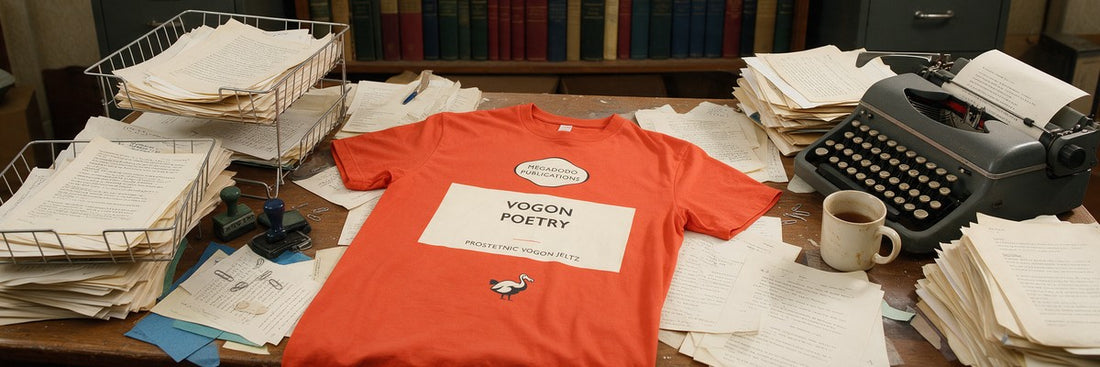 An orange Vogon Poetry t-shirt laid on a cluttered publisher's desk among manuscript stacks, wire trays, rubber stamps and a typewriter