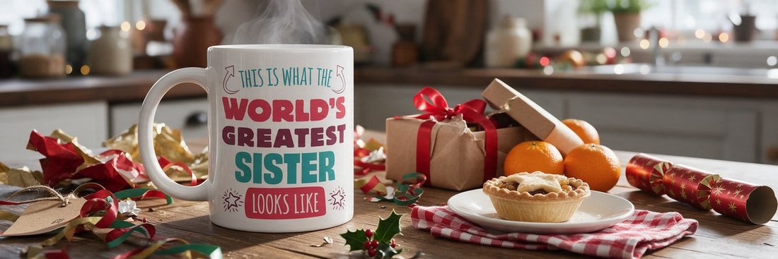 World's Greatest Sister mug on a kitchen table on Christmas morning, surrounded by torn wrapping paper, ribbon, satsumas and a mince pie
