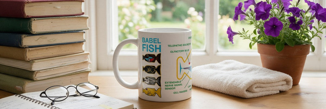 Babel Fish mug with its labelled cutaway diagram on a sunny wooden desk beside a stack of old dictionaries, a folded towel and a pot of purple petunias