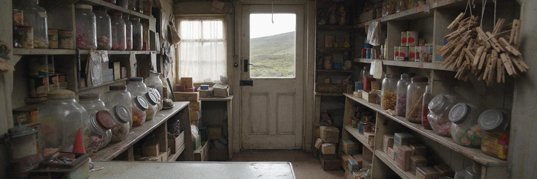 Interior of a cluttered old-fashioned English village corner shop with glass sweet jars, tinned goods and bundles of wooden clothes pegs, moorland visible through the door