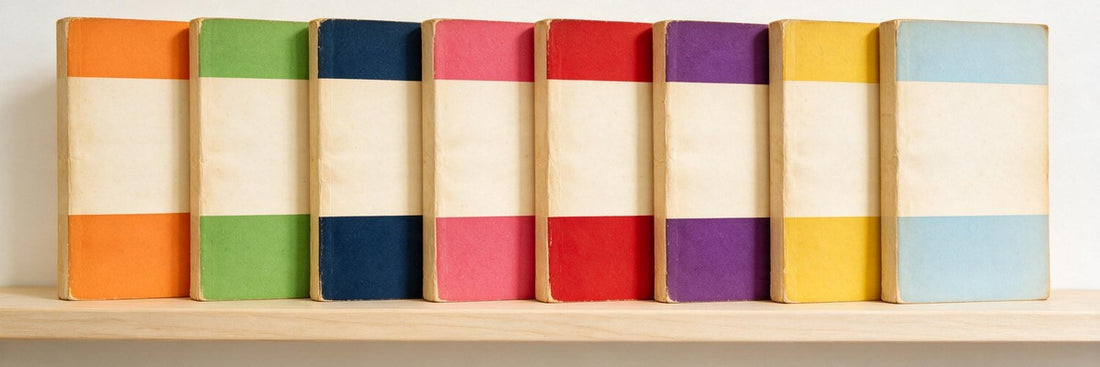 A row of eight vintage paperback books on a shelf, each with a plain three-band cover in a different colour: orange, green, navy, pink, red, purple, yellow and light blue