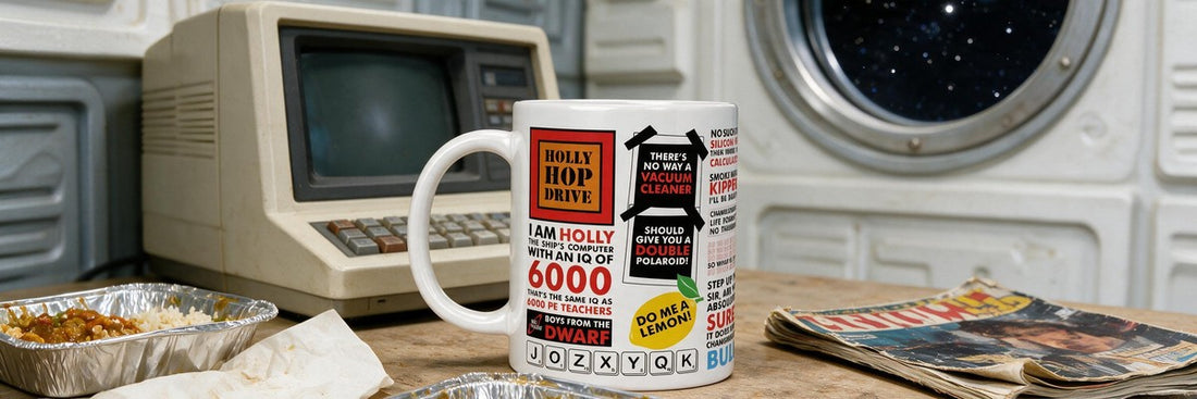 Red Dwarf Quotes Mug on a cluttered table in a spaceship crew quarters, beside curry trays and a retro computer terminal