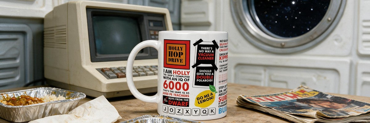 Red Dwarf Quotes Mug on a cluttered table in a spaceship crew quarters, beside curry trays and a retro computer terminal