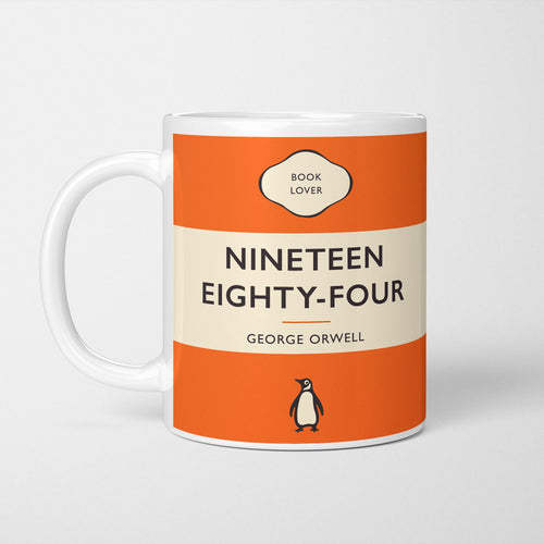 White ceramic mug printed with a vintage-style book cover design reading '1984' by George Orwell