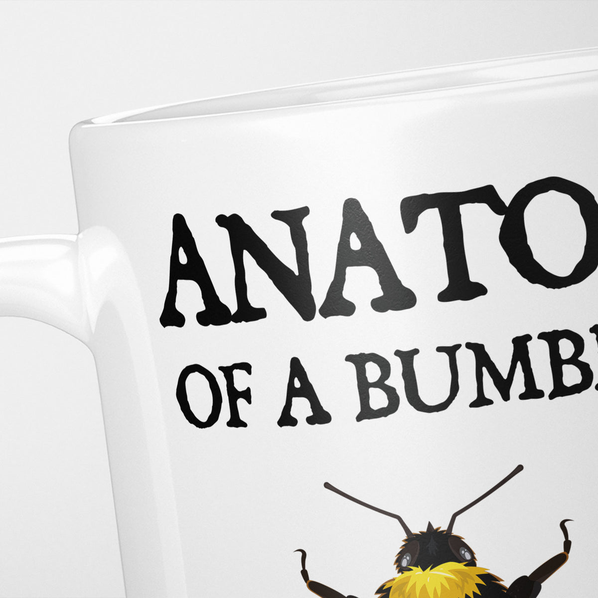 Close crop of the Anatomy of a Bumblebee mug, the heading 'Anato… of a Bumb…' above the bee's head and forelegs