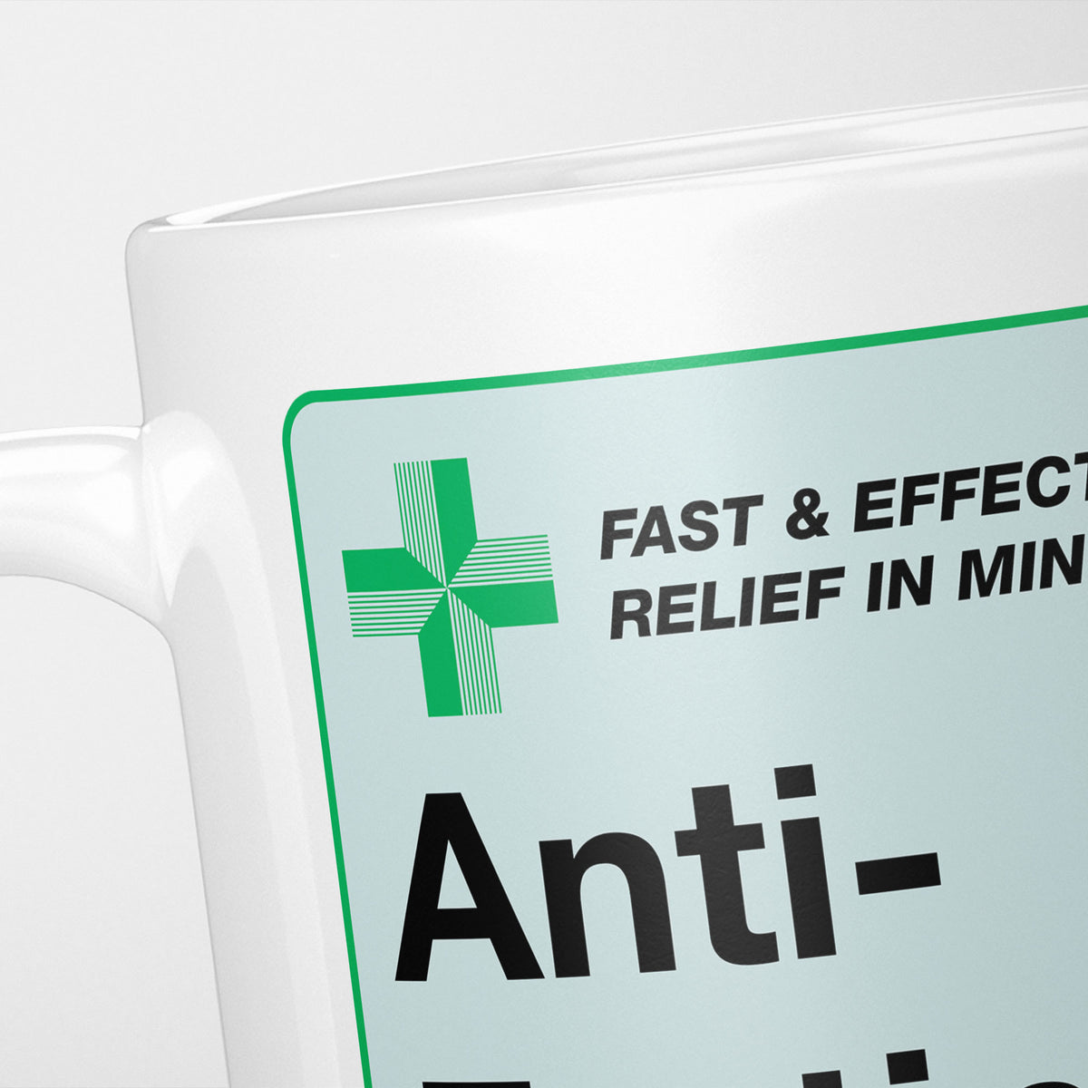 Close crop of the Anti-Farting Medication label, the green cross and 'fast and effective relief in minutes' above the name