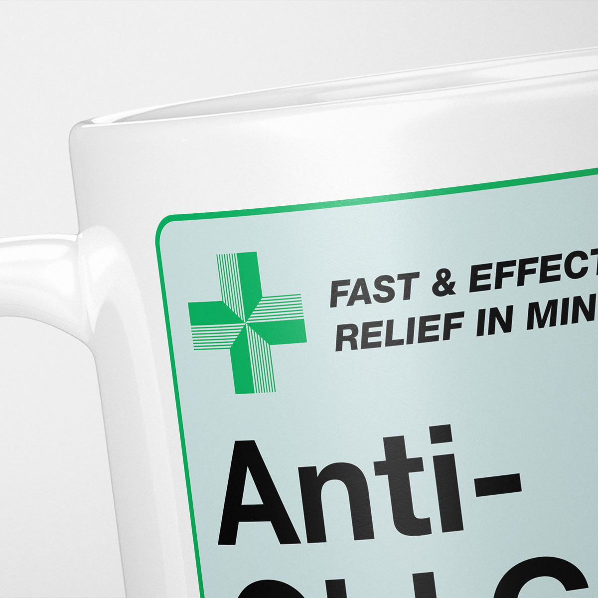 Close crop of the Anti-Old Git Medication label, the green cross and 'fast and effective relief in minutes' above the name