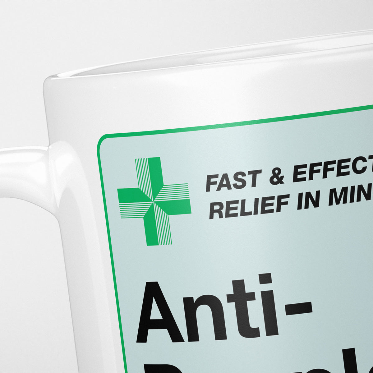 Close crop of the Anti-People Medication label, the green cross and 'fast and effective relief in minutes' above the name