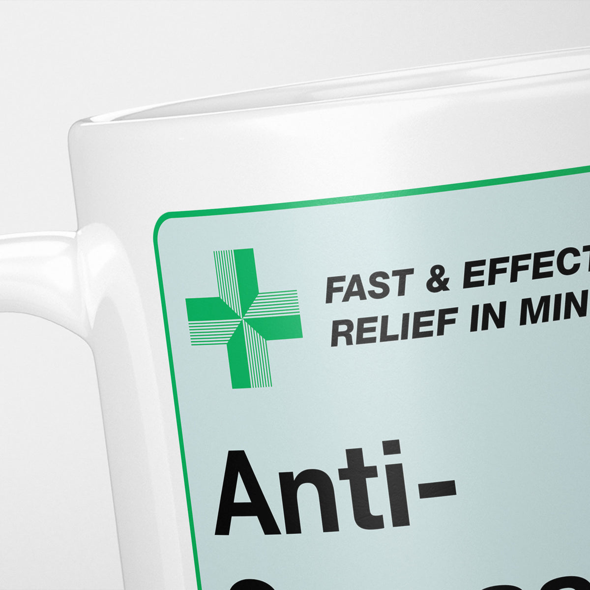 Close crop of the Anti-Sarcasm Medication label, the green cross and 'fast and effective relief in minutes' above the name