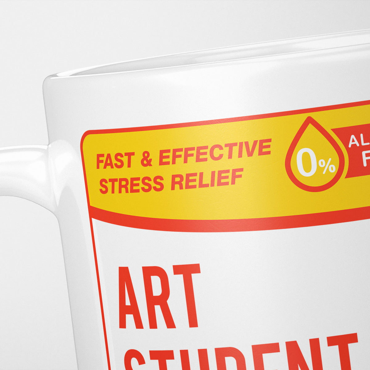 Close crop of the Art Student Tears label, the yellow 'fast and effective stress relief' banner above the start of the name