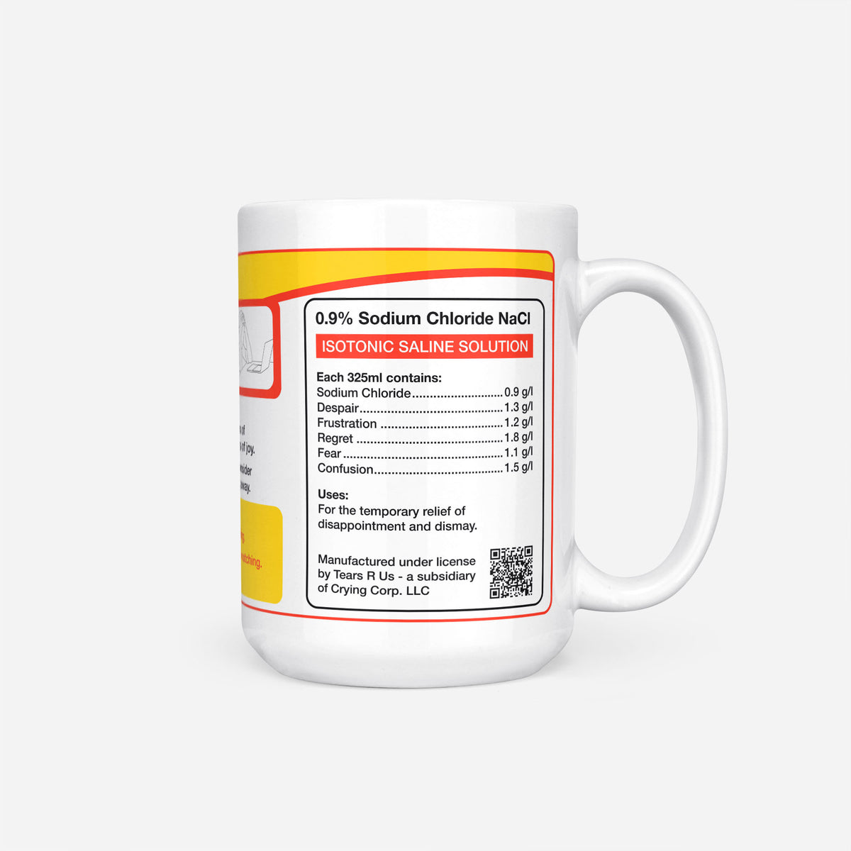 Side of the 15oz Art Student Tears mug: ingredients panel listing 0.9% sodium chloride with despair, frustration, regret, fear and confusion