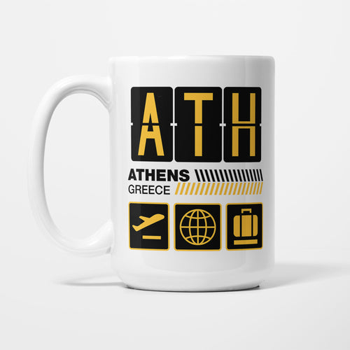 Athens Airport Tag printed on a white 15oz/425ml mug