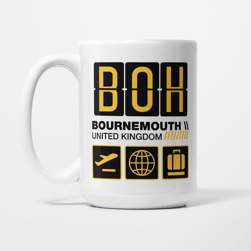 Bournemouth Airport Tag printed on a white 15oz/425ml mug