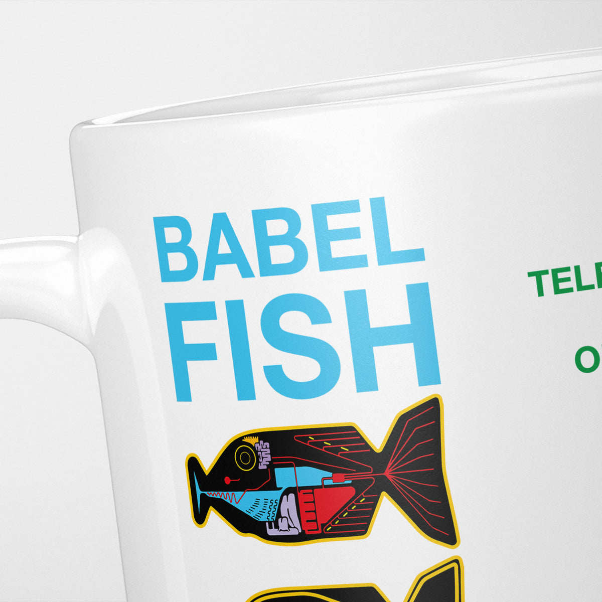 Close crop of the Babel Fish mug, 'Babel Fish' in blue above the labelled fish diagram