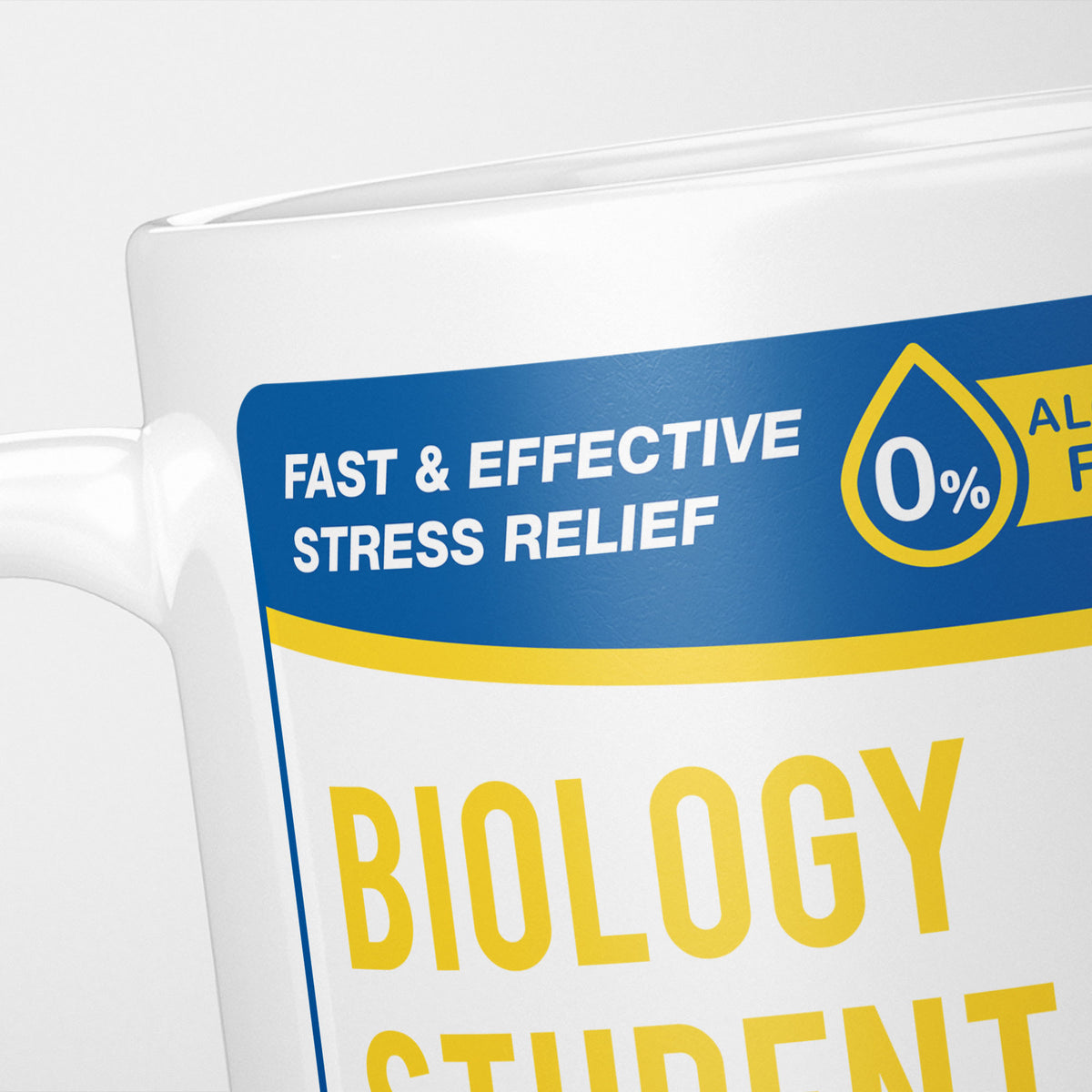 Close crop of the Biology Student Tears label, the blue 'fast and effective stress relief' banner above the start of the name