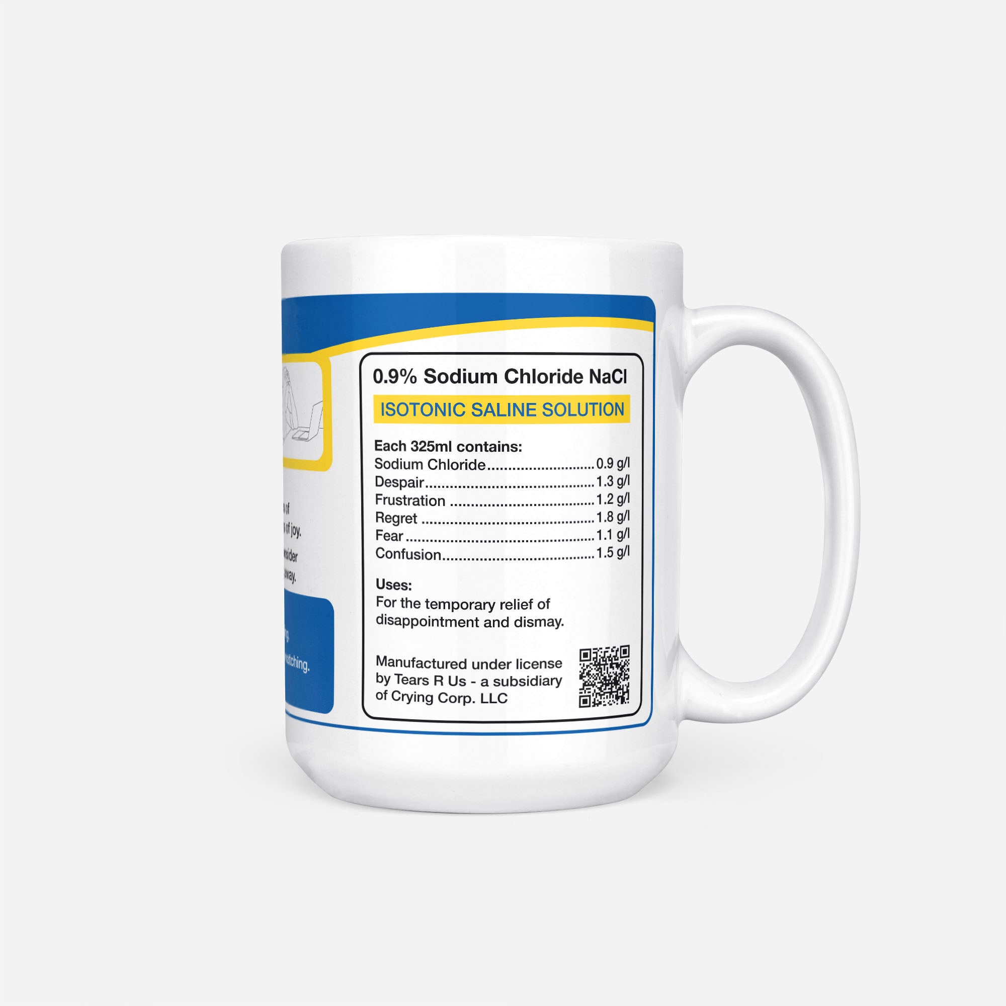 Side of the 15oz Biology Student Tears mug: ingredients panel listing 0.9% sodium chloride with despair, frustration, regret, fear and confusion