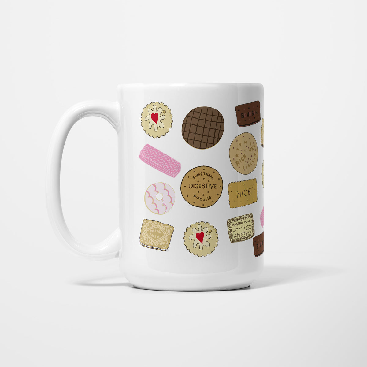 Left side of the 15oz British Biscuits Illustration mug, white ceramic patterned all the way round with illustrated British biscuits including custard creams, bourbons, party rings, jammie dodgers and Nice biscuits