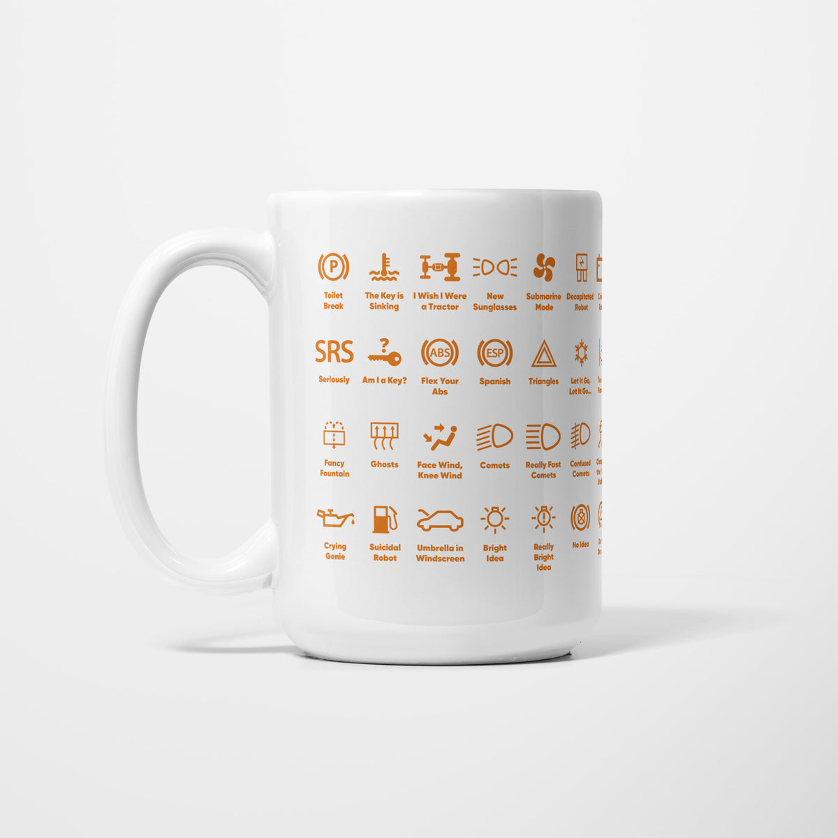 Left side of the 15oz Dash Icons Warning Lights mug, white ceramic printed all the way round with rows of amber car dashboard warning lights, each given a joke caption such as 'Toilet Break', 'The Key is Sinking', 'I Wish I Were a Tractor' and 'Flex Your Abs'
