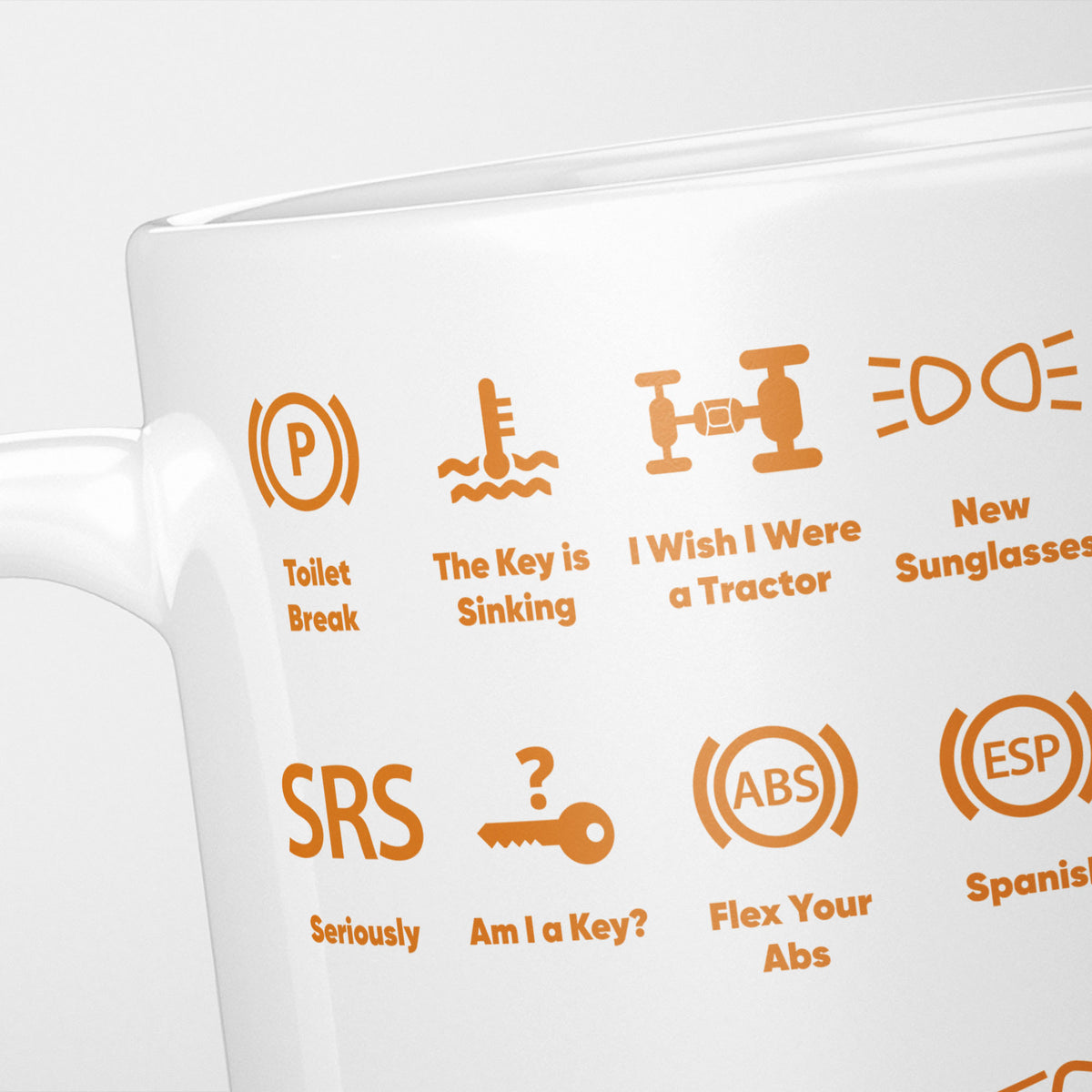 Close crop of the Dash Icons Warning Lights mug, amber warning lights captioned 'Toilet Break', 'The Key is Sinking' and 'I Wish I Were a Tractor'
