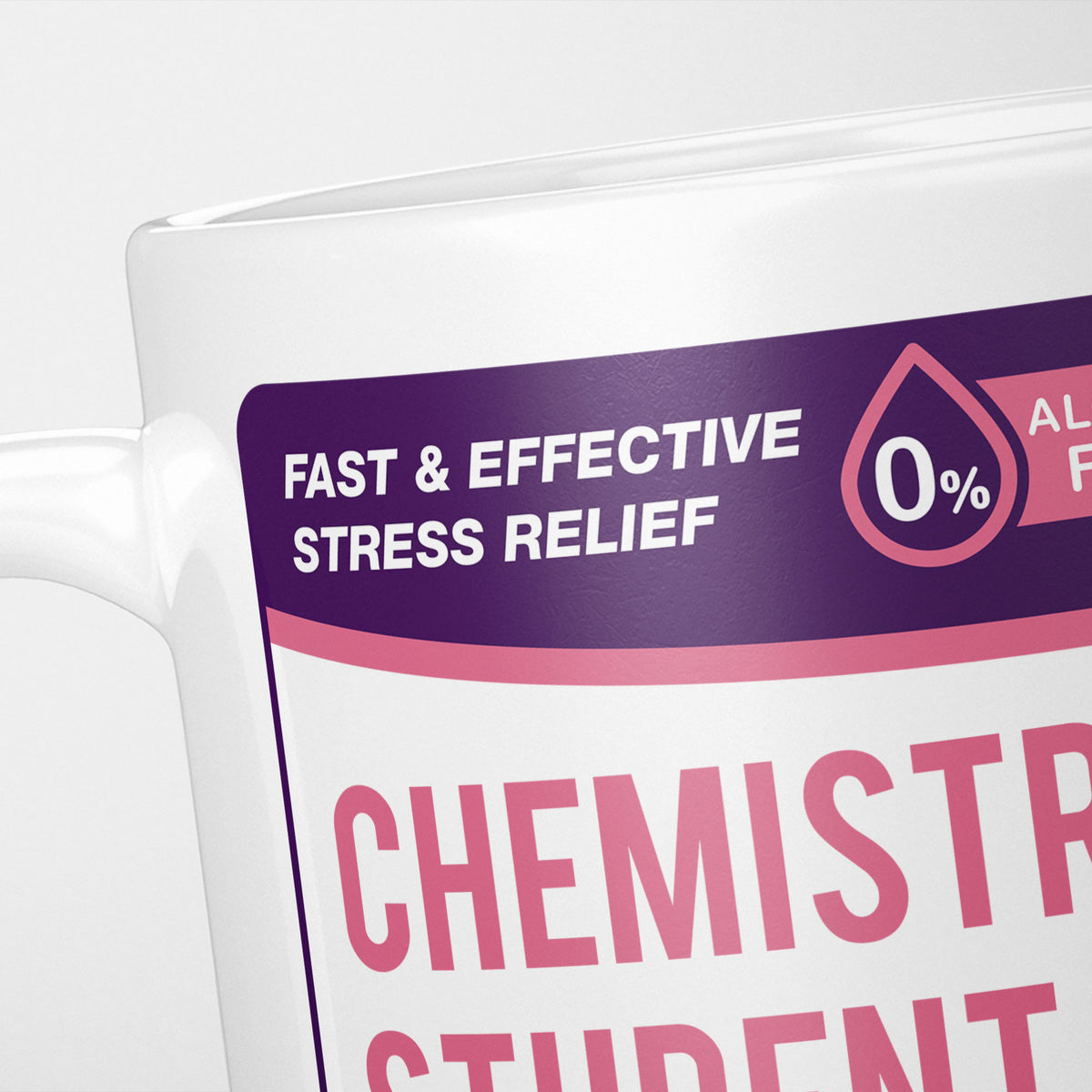 Close crop of the Chemistry Student Tears label, the purple 'fast and effective stress relief' banner above the start of the name