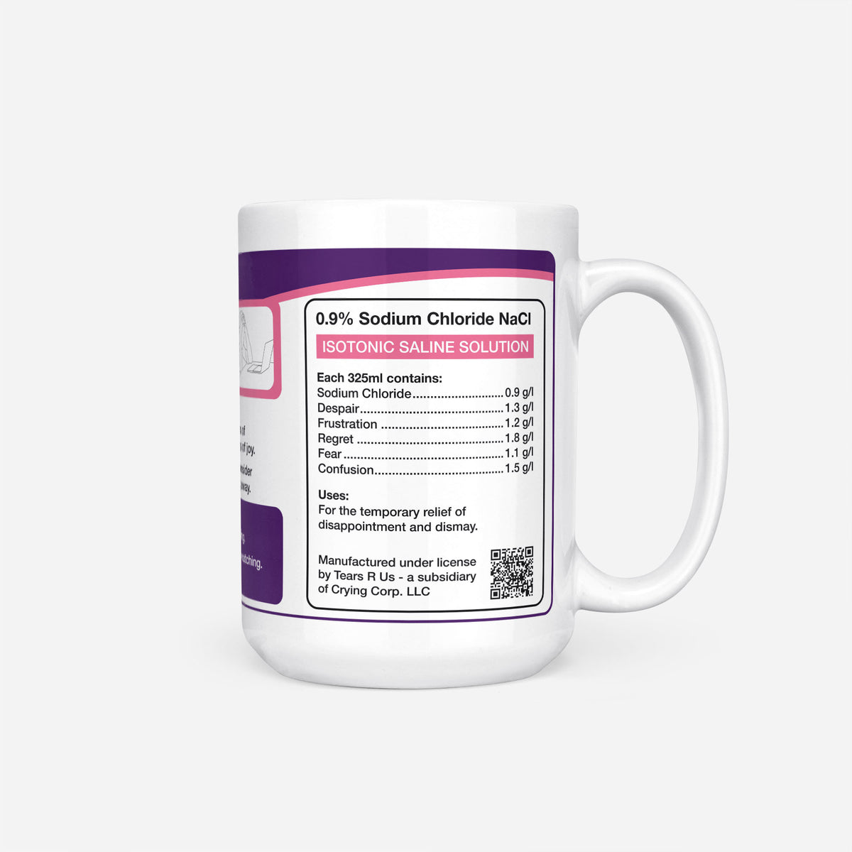 Side of the 15oz Chemistry Student Tears mug: ingredients panel listing 0.9% sodium chloride with despair, frustration, regret, fear and confusion