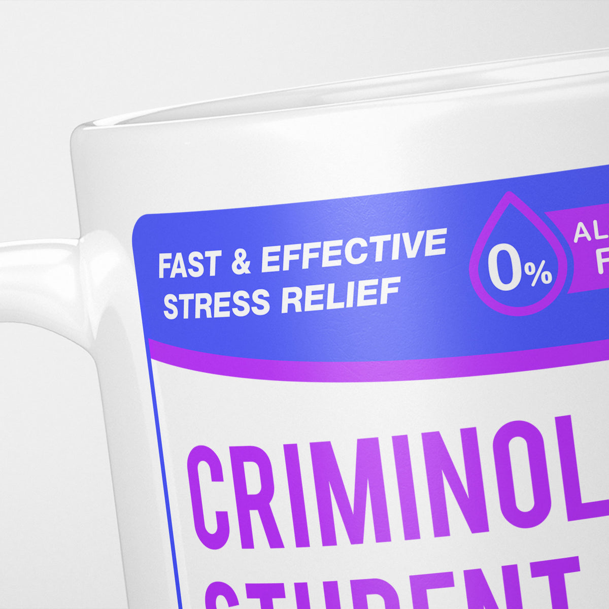 Close crop of the Criminology Student Tears label, the violet 'fast and effective stress relief' banner above the start of the name