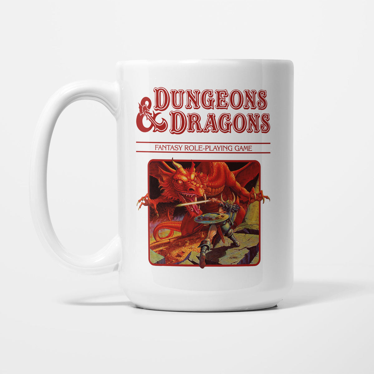 The 15oz Dungeons & Dragons Red Box mug, white ceramic with the Dungeons & Dragons logo above vintage box artwork of a fighter facing a red dragon