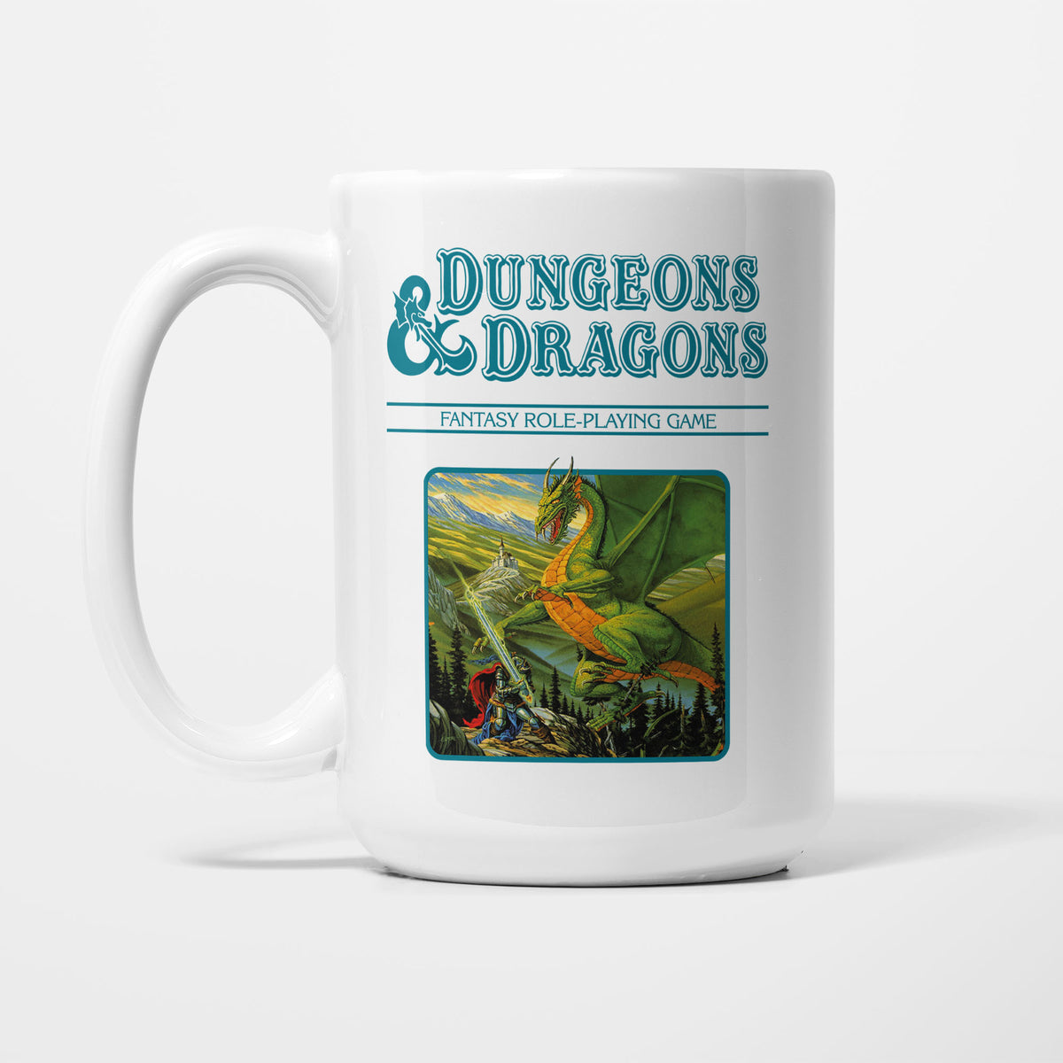 The 15oz Dungeons & Dragons Teal Box mug, white ceramic with the Dungeons & Dragons logo above vintage box artwork of a green dragon in woodland, in a teal colourway