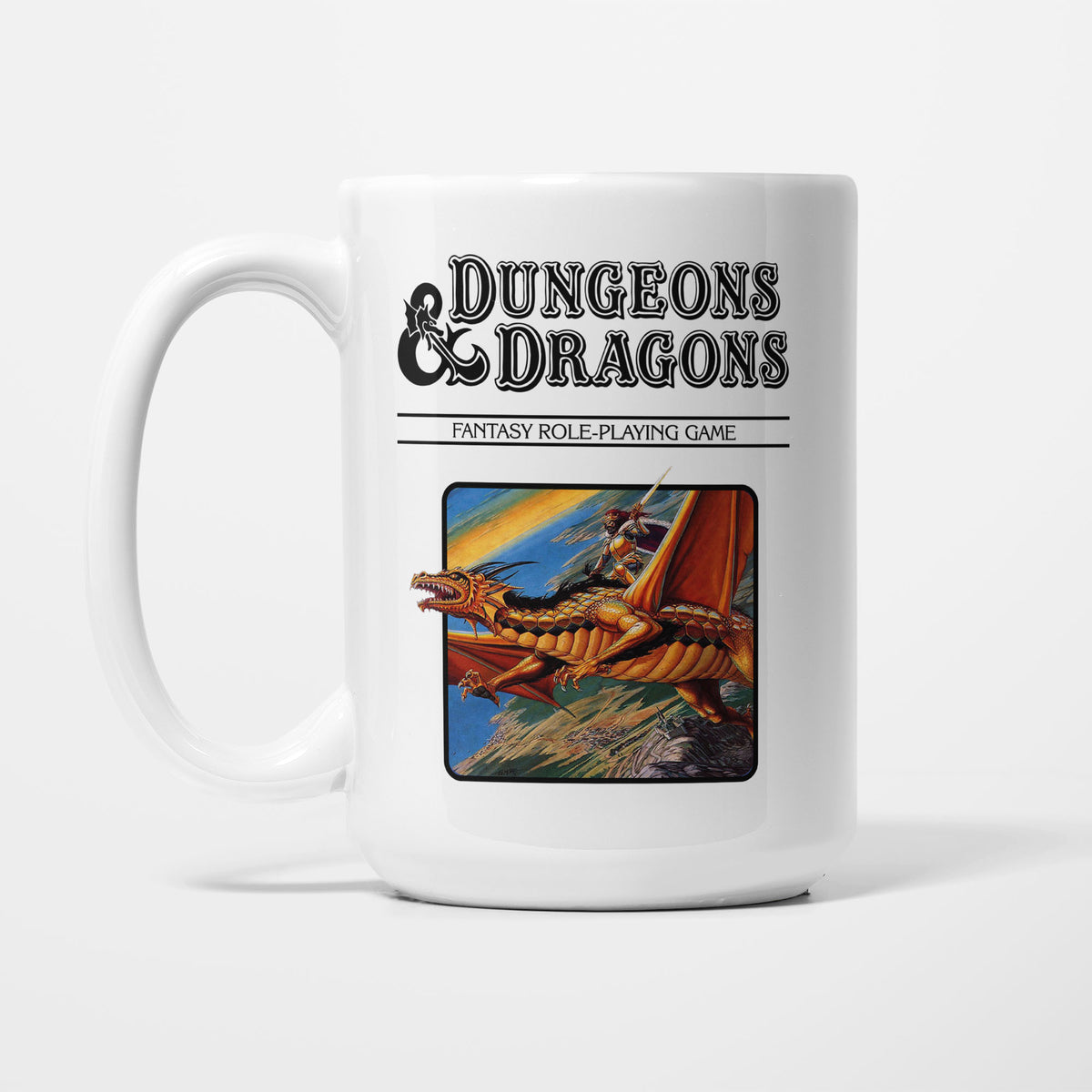 The 15oz Dungeons & Dragons Black Box mug, white ceramic with the Dungeons & Dragons logo above vintage box artwork of a rider battling a winged dragon, in a black colourway