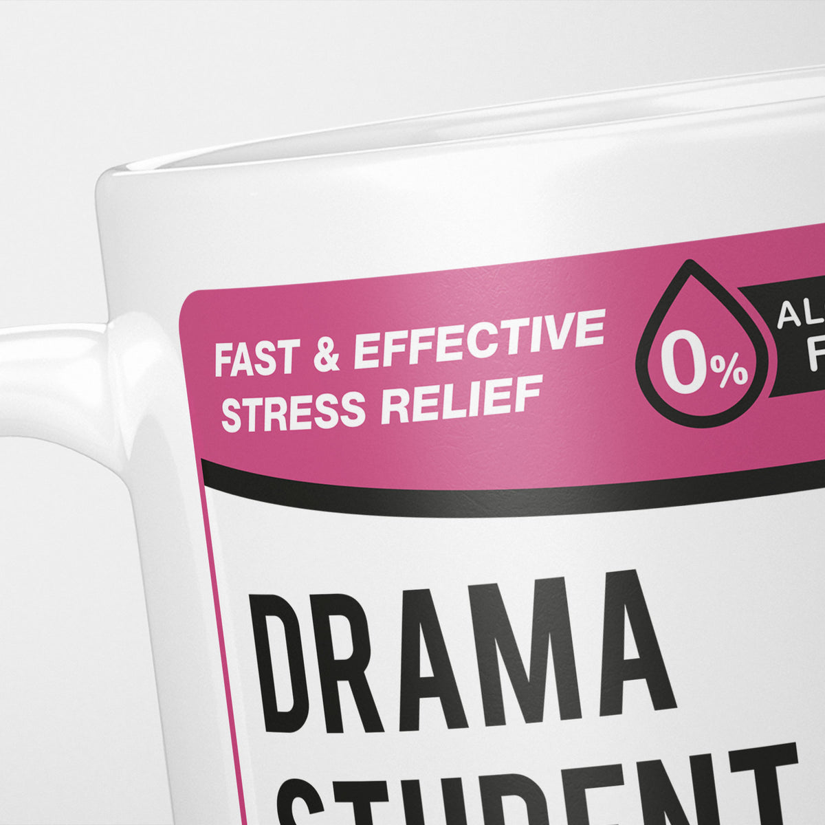 Close crop of the Drama Student Tears label, the magenta 'fast and effective stress relief' banner above the start of the name