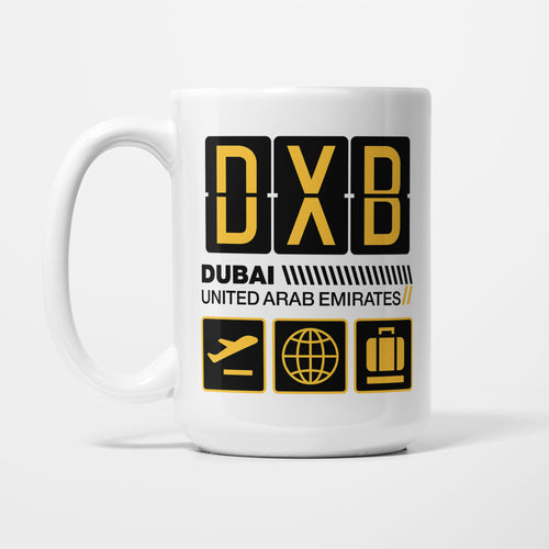 Dubai Airport Tag printed on a white 15oz/425ml mug