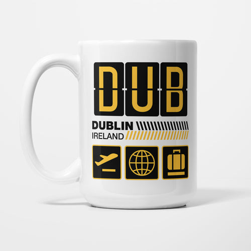 Dublin Airport Tag printed on a white 15oz/425ml mug