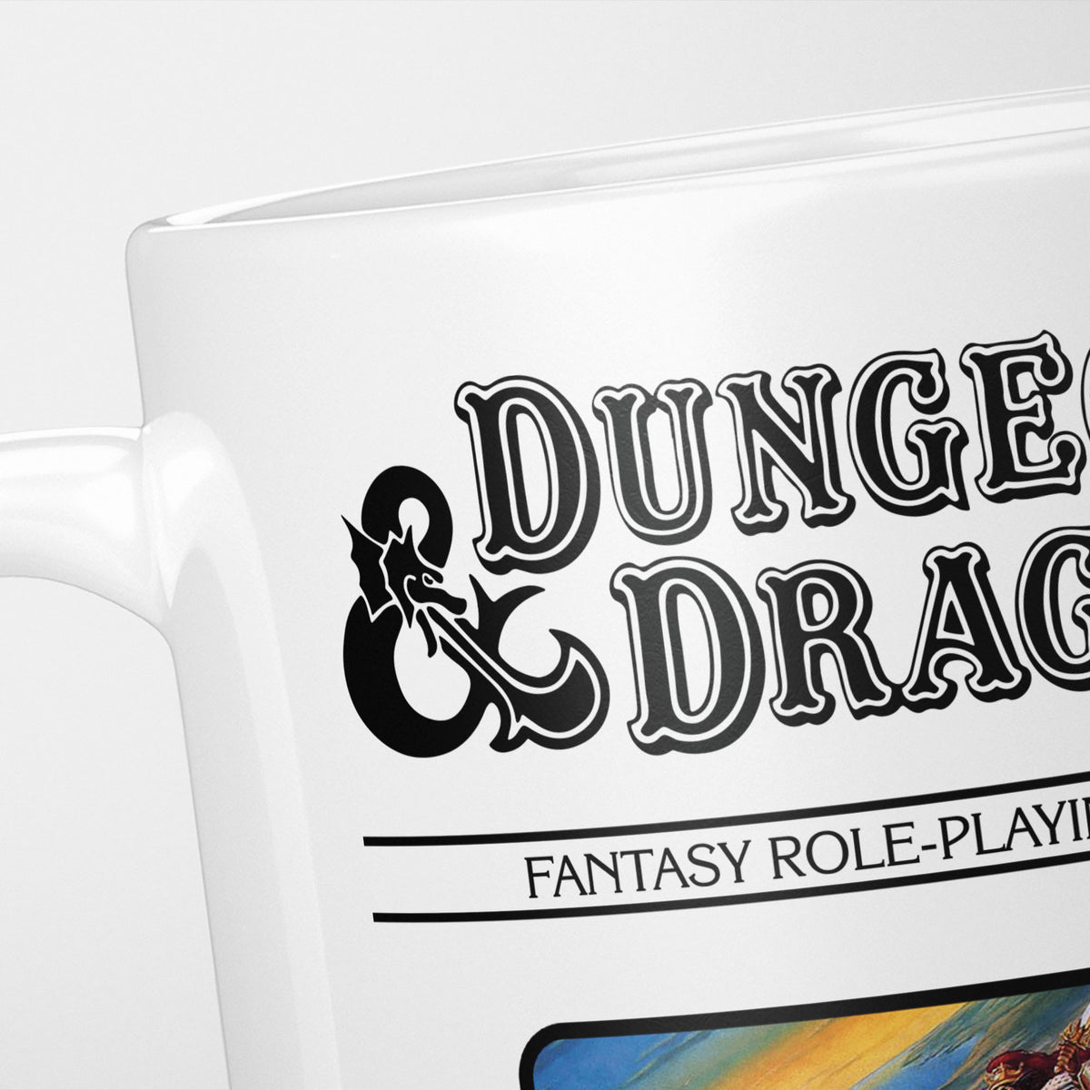 Close crop of the Dungeons & Dragons Black Box mug, the ornate logo and 'fantasy role-playing game' above the box artwork