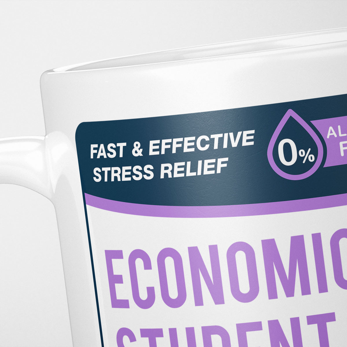 Close crop of the Economics Student Tears label, the navy 'fast and effective stress relief' banner above the start of the name