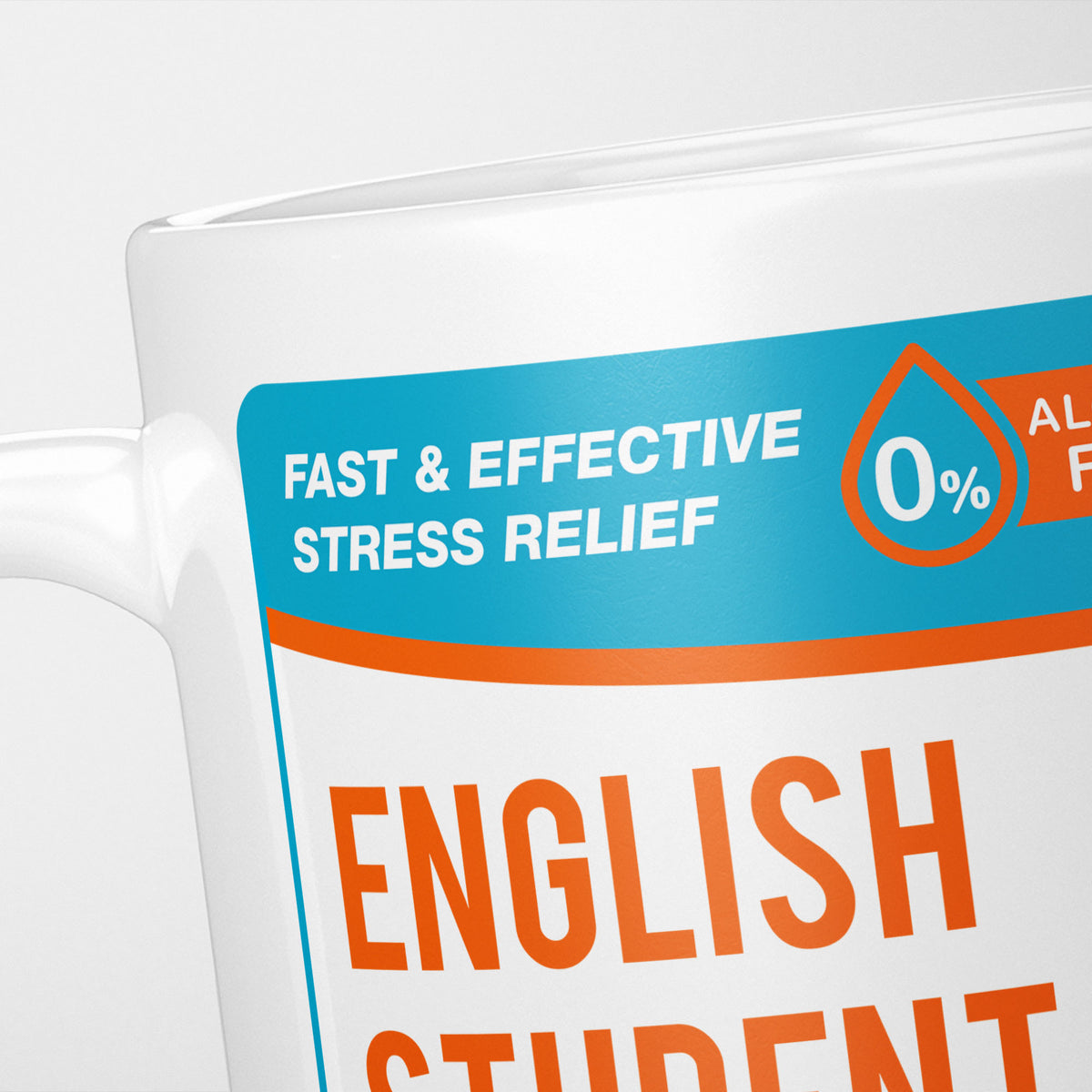 Close crop of the English Student Tears label, the turquoise 'fast and effective stress relief' banner above the start of the name