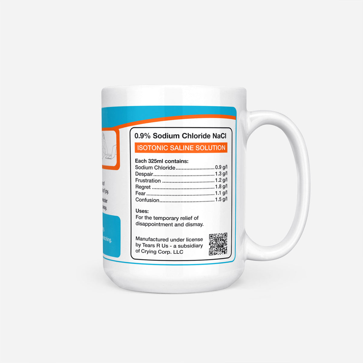 Side of the 15oz English Student Tears mug: ingredients panel listing 0.9% sodium chloride with despair, frustration, regret, fear and confusion