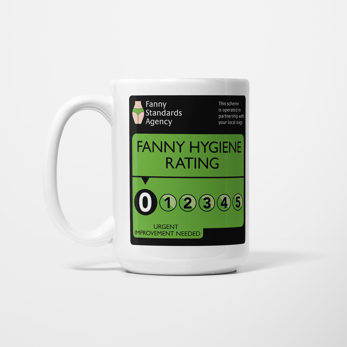 White 15oz ceramic mug printed with the green and black Fanny Hygiene Rating sign, scored 0 out of 5