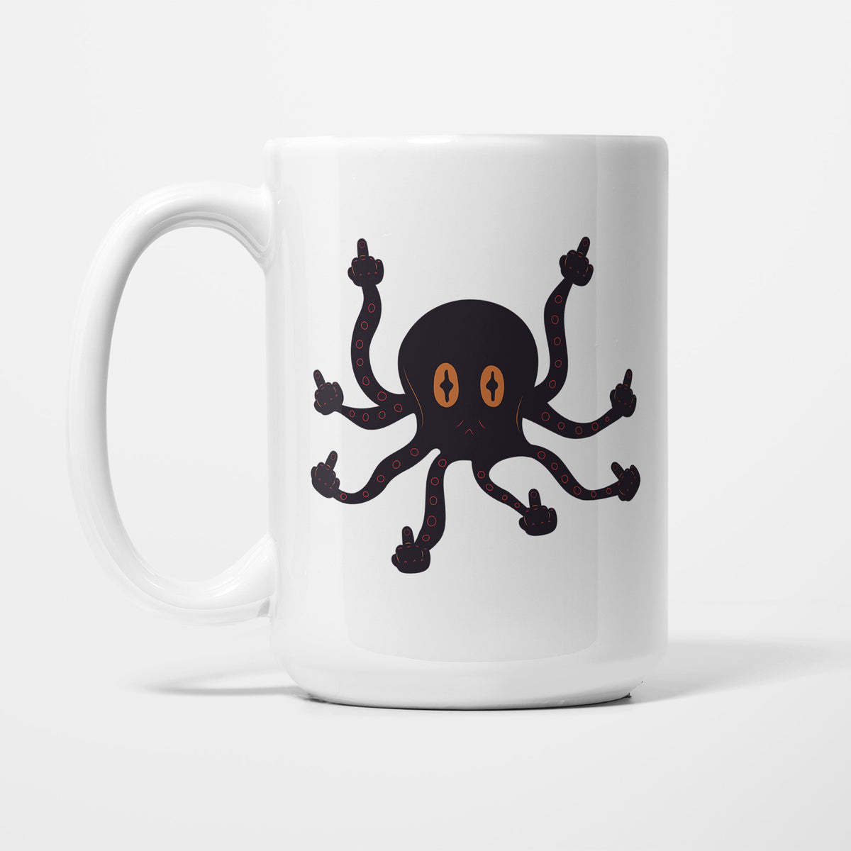 The 15oz F*cktopus mug, white ceramic with a black cartoon octopus with orange eyes, all eight tentacles raised in a rude gesture