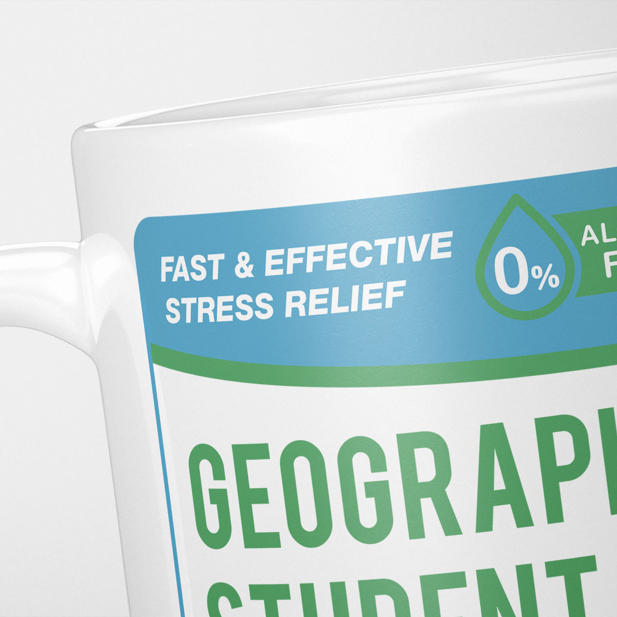 Close crop of the Geography Student Tears label, the blue 'fast and effective stress relief' banner above the start of the name