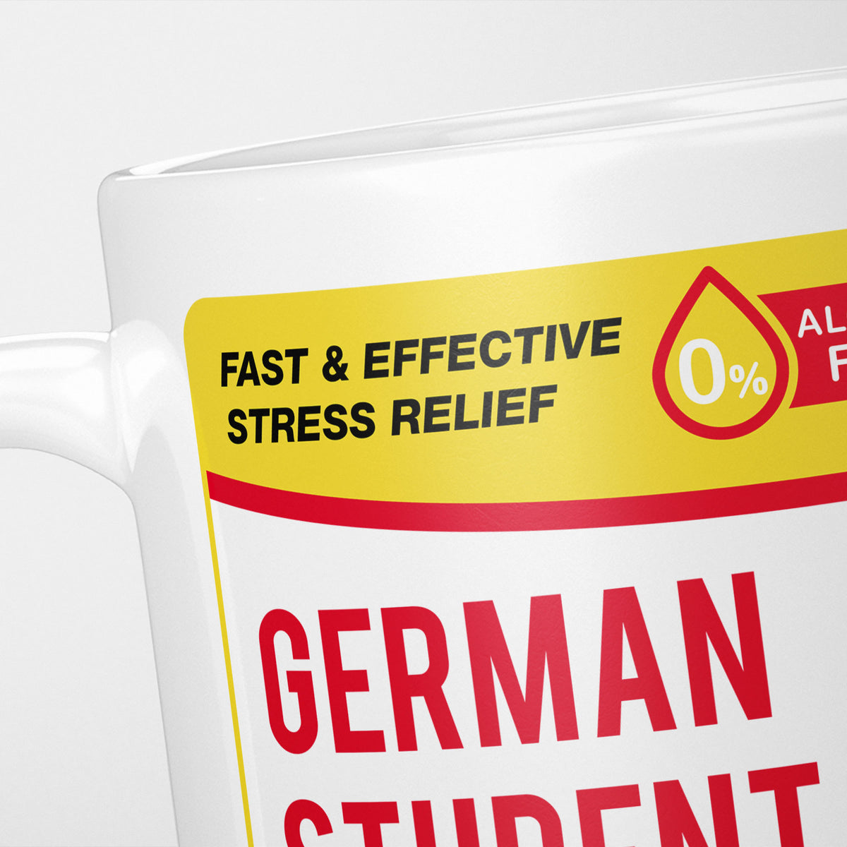 Close crop of the German Student Tears label, the yellow 'fast and effective stress relief' banner above the start of the name
