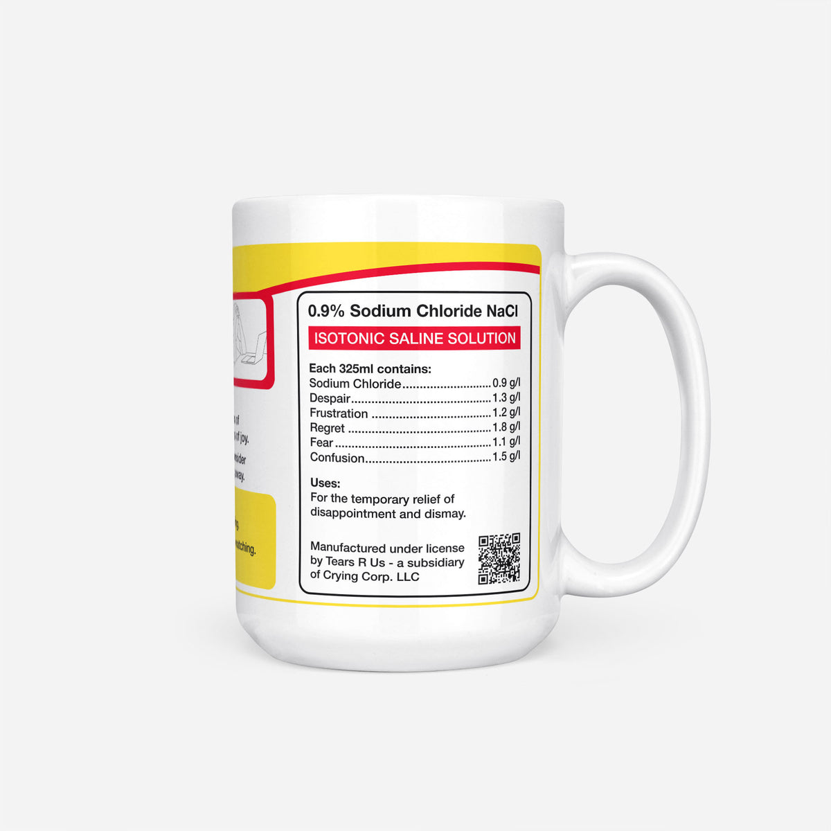 Side of the 15oz German Student Tears mug: ingredients panel listing 0.9% sodium chloride with despair, frustration, regret, fear and confusion