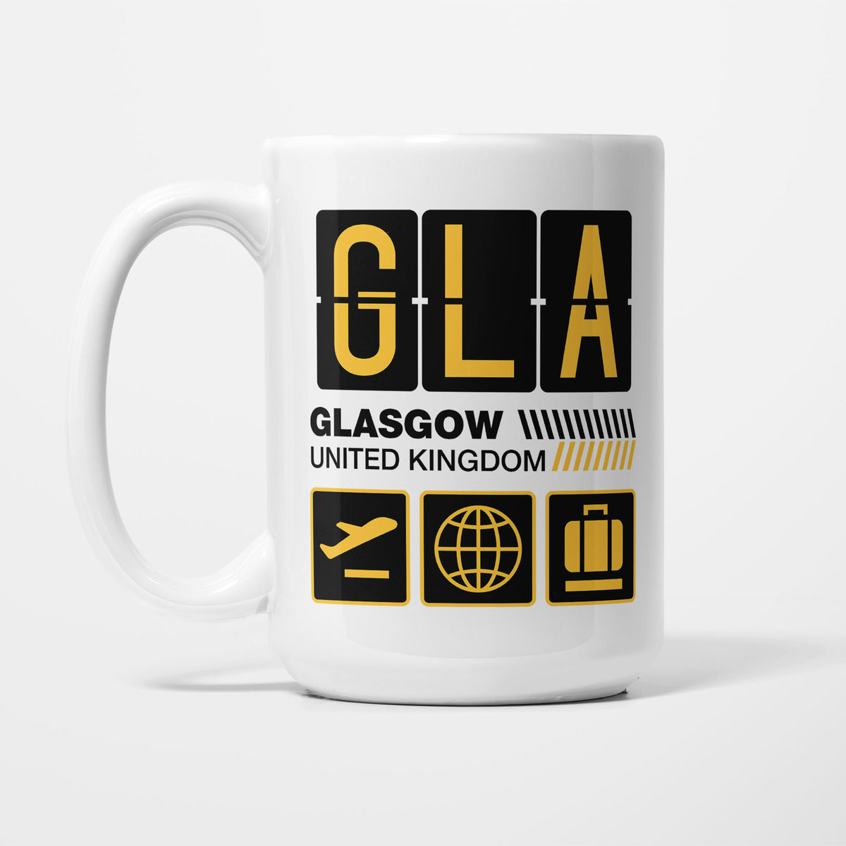 Glasgow Airport Tag printed on a white 15oz/425ml mug