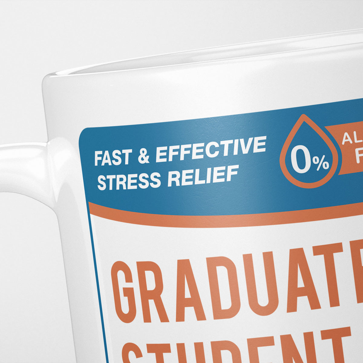 Close crop of the Graduate Student Tears label, the blue 'fast and effective stress relief' banner above the start of the name