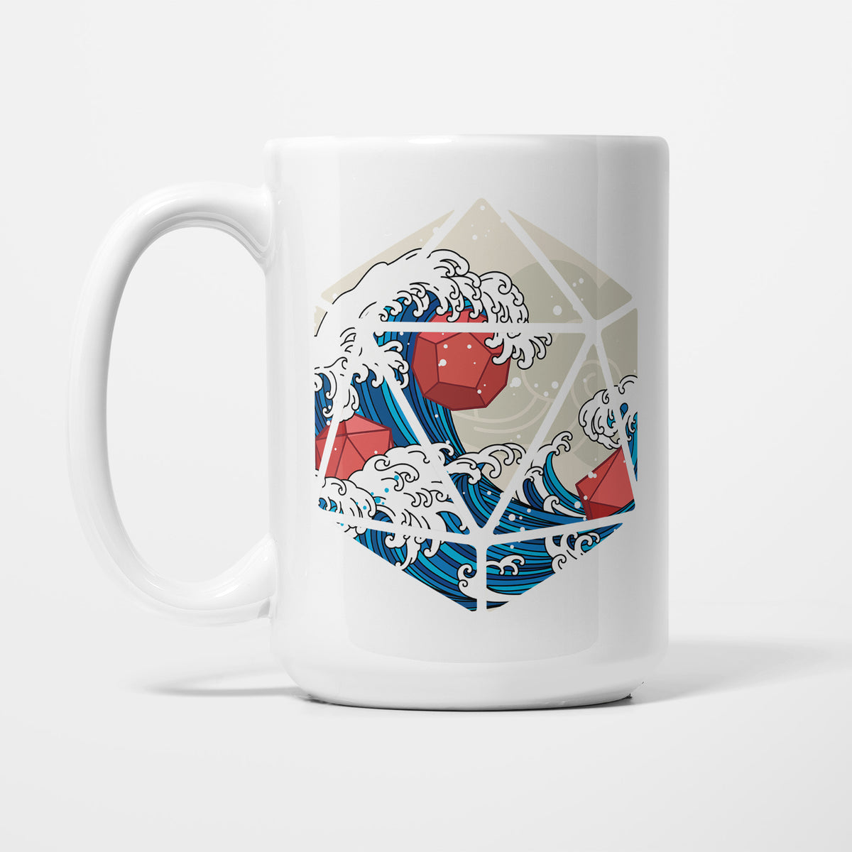 The 15oz Great Wave off Kanagawa, D20 Dice mug, white ceramic with Hokusai's Great Wave rendered inside the outline of a twenty-sided die, with red dice among the surf