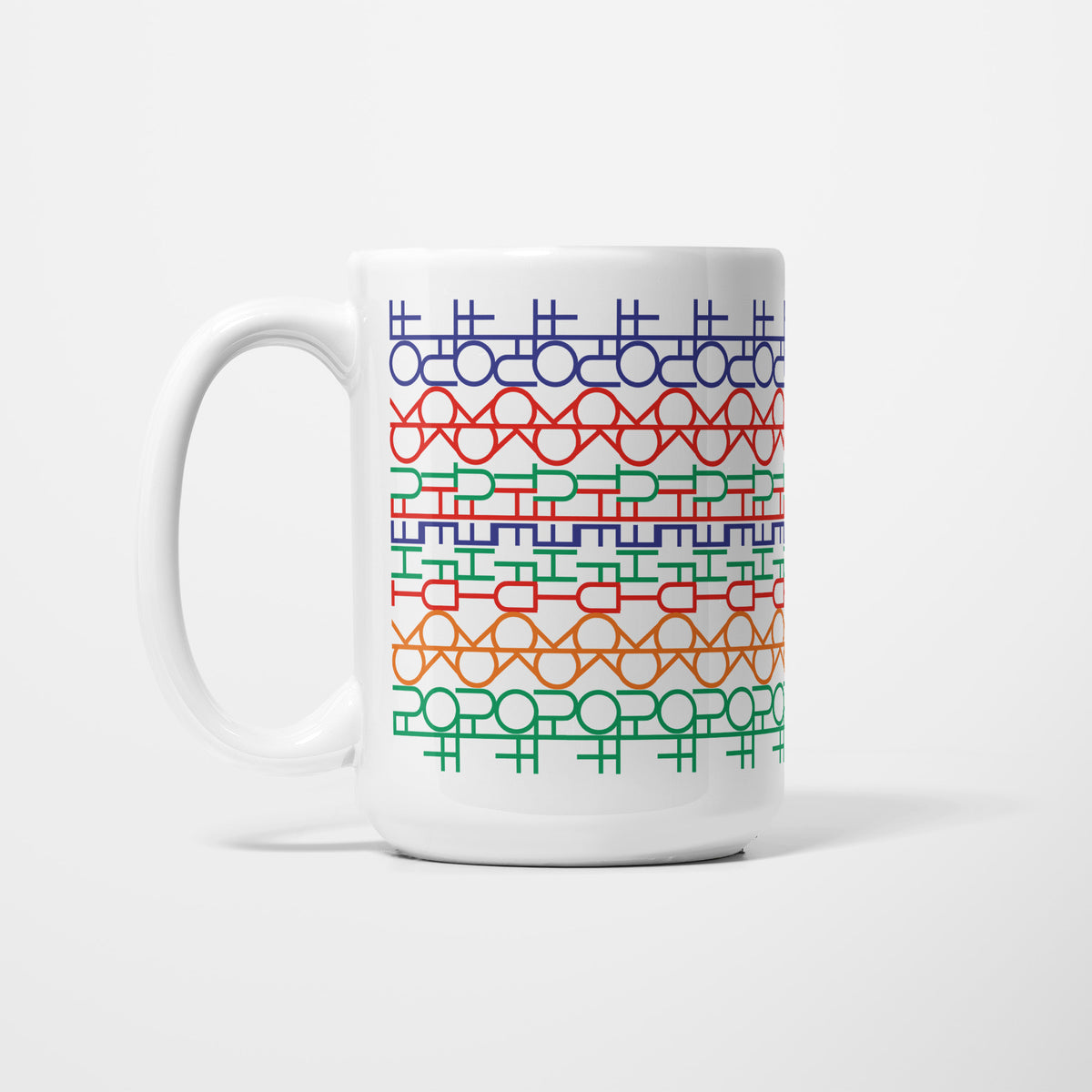 Left side of the 15oz Funny Hidden Message "F*ck The F*ck Off" mug, white ceramic patterned with rows of interlocking letterforms in blue, red, orange and green that resolve into 'f*ck the f*ck off' when read straight on