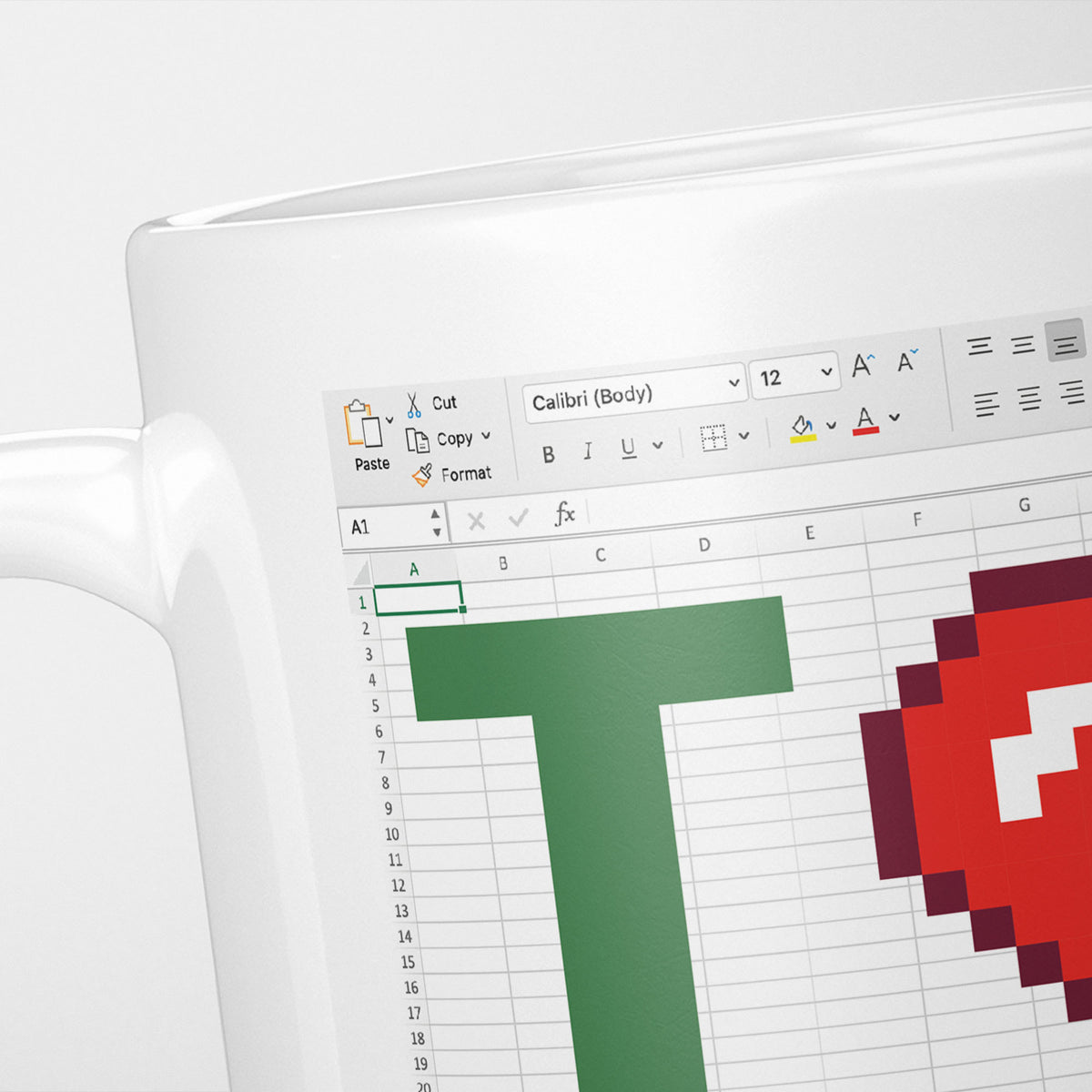 Close crop of the I love Spreadsheets mug, the spreadsheet toolbar and grid behind a green 'T' and a red pixel heart