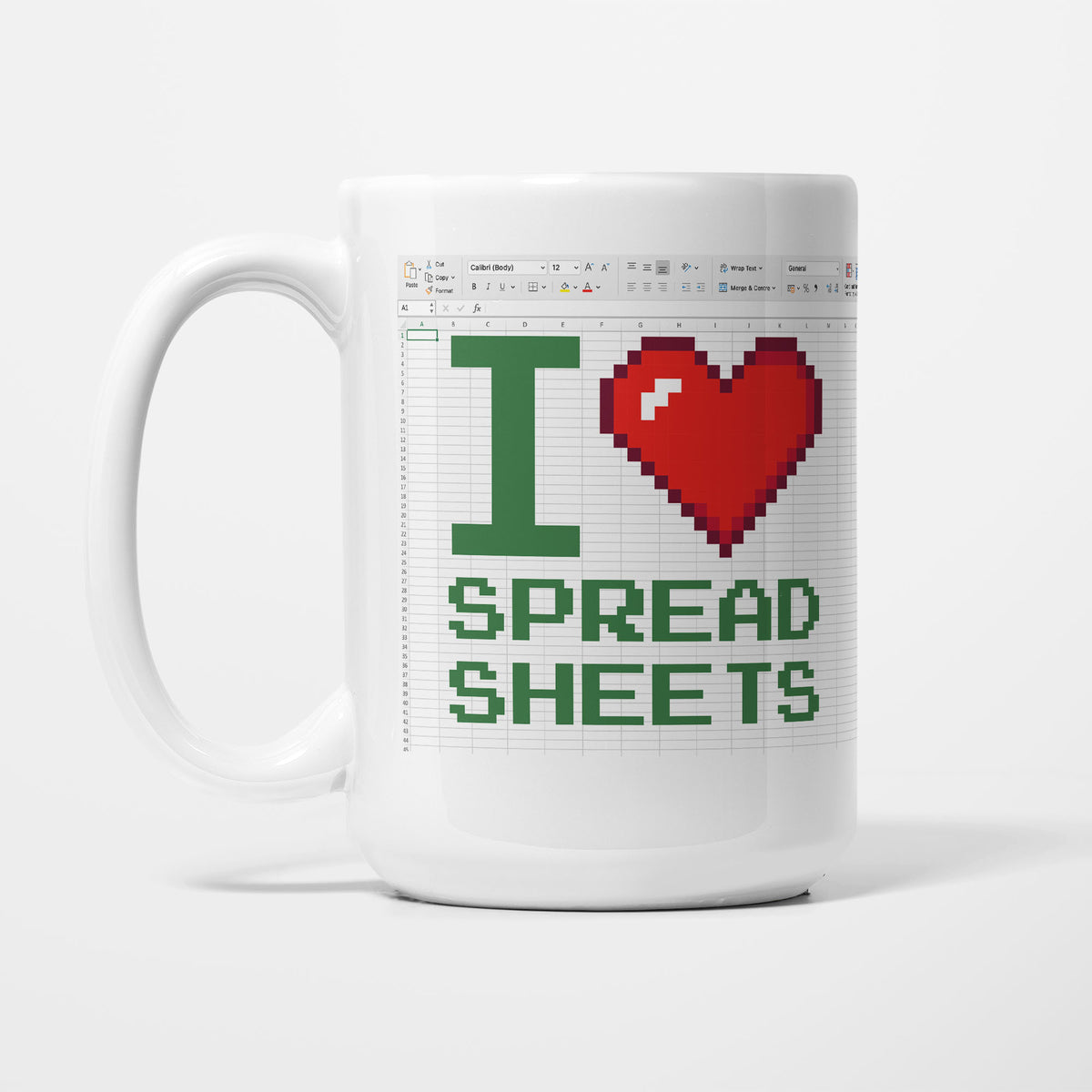 The 15oz I love Spreadsheets mug, white ceramic printed as a spreadsheet: toolbar and cell grid behind 'I love spreadsheets' in green blocky lettering with a red pixel heart