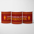 Three views of the Liverpool Champions mug, white ceramic with a wrap-around red band, 'Champions 24/25 Liverpool' in gold beside a gold trophy, over rows of small repeated 'champions' lettering