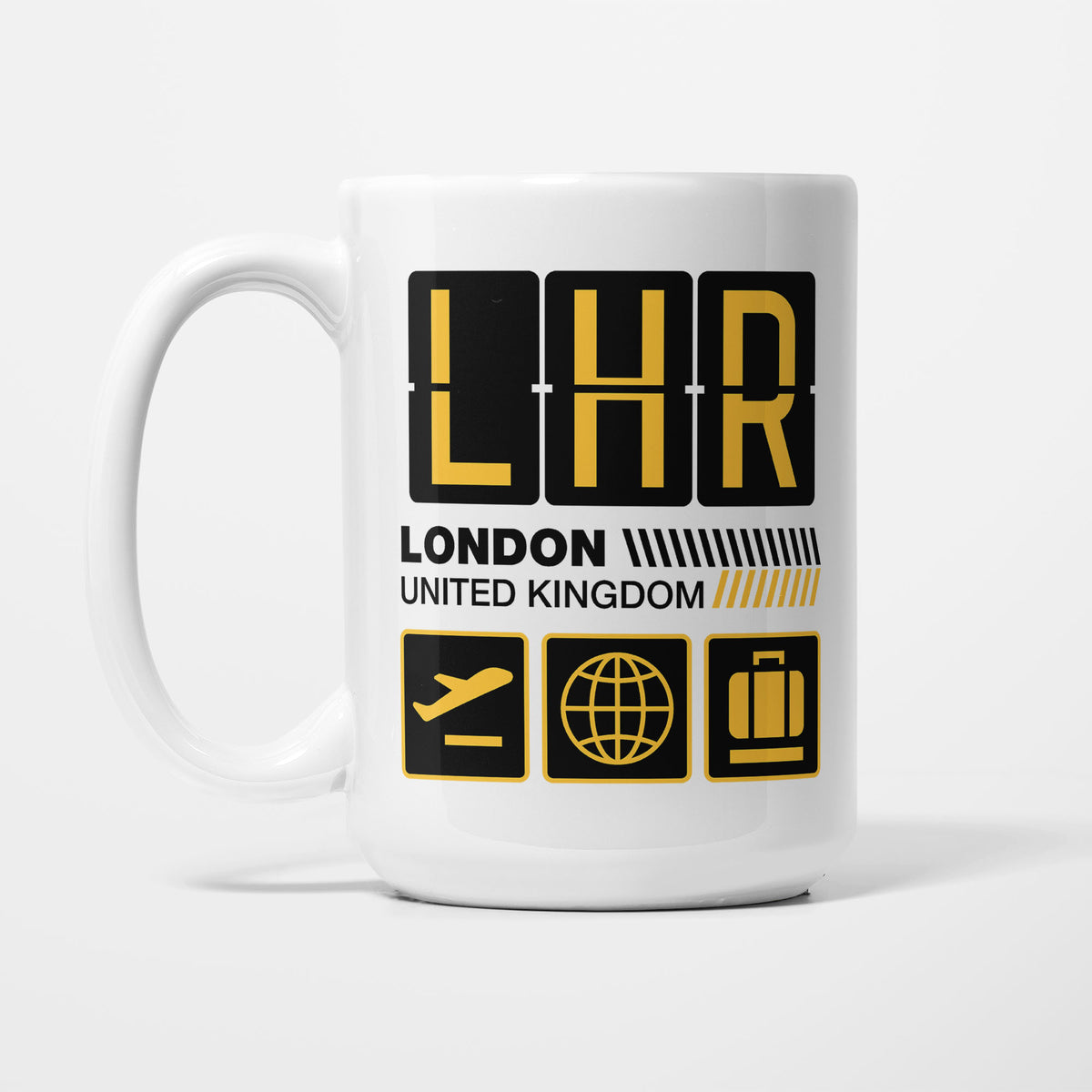 London Heathrow Airport Tag printed on a white 15oz/425ml mug